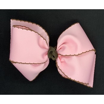 Pink (Light Pink) / Brown Pico Stitch Bow - 6 Inch